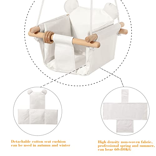 Mlian Secure Canvas and Wooden Baby Hanging Swing Seat Chair Indoor and Outdoor Hammock, Backyard Outside Swing Kids Toys Swings 6-36 Months with Bear Ear Decor (White)