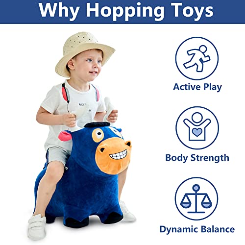 iPlay, iLearn Bouncy Bull Hopping Horse, Inflatable Animal Ride on Toys, Plush Farm Bouncer, Indoors n Outdoors Hopper W/ Pump, Birthday Gifts for 18 24 Month 2 3 4 5 Year Olds Toddler Kids Boys Girls