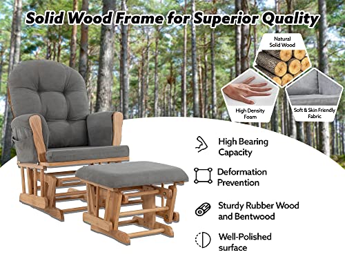 Nursery Glider & Ottoman Sets, Reclining Swivel Glider Rocker with Ottoman, Nursery Rocking Chair for Baby Room, Upholstered Nursery Recliner Glider with Ottoman, Padded Arms - Pecan, Dark Gray