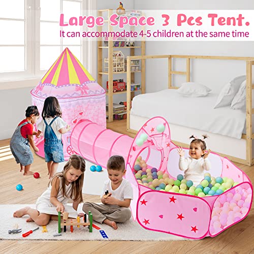 LOJETON 3pc Girls Princess Fairy Tale Castle Play Tent, Crawl Tunnel & Ball Pit with Basketball Hoop for Kids Toddlers, Indoor & Outdoor Playhouse