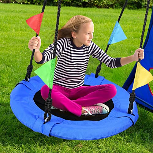Odoland 24 inch Children Tree Swing SwingSeat, Outdoor Saucer Rope Swing Platform Swing for Kid, Round Swingset wirh Adjustable Hanging Ropes for Indoor, Backyard and Playground Blue