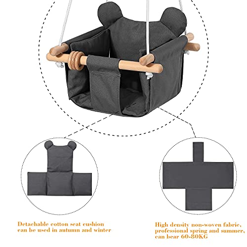 Mlian Secure Canvas and Wooden Baby Hanging Swing Seat Chair Indoor and Outdoor Hammock, Backyard Outside Swing Kids Toys Swings Set 6-36 Months Bear Ear Decor