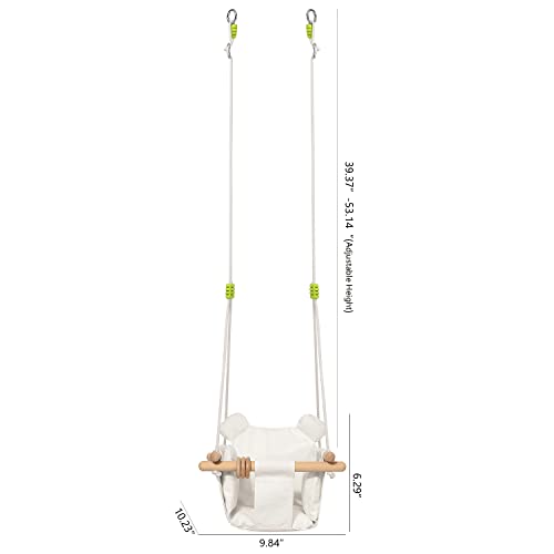 Mlian Secure Canvas and Wooden Baby Hanging Swing Seat Chair Indoor and Outdoor Hammock, Backyard Outside Swing Kids Toys Swings 6-36 Months with Bear Ear Decor (White)