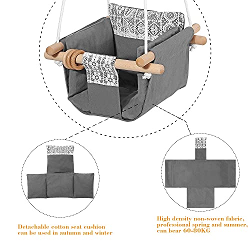 Mlian Secure Canvas and Wooden Baby Hanging Swing Seat Chair Indoor and Outdoor Hammock, Backyard Outside Swing Kids Toys Swings Set 6-36 Months (Grey)