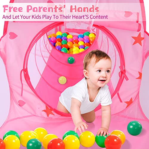 LOJETON 3pc Girls Princess Fairy Tale Castle Play Tent, Crawl Tunnel & Ball Pit with Basketball Hoop for Kids Toddlers, Indoor & Outdoor Playhouse