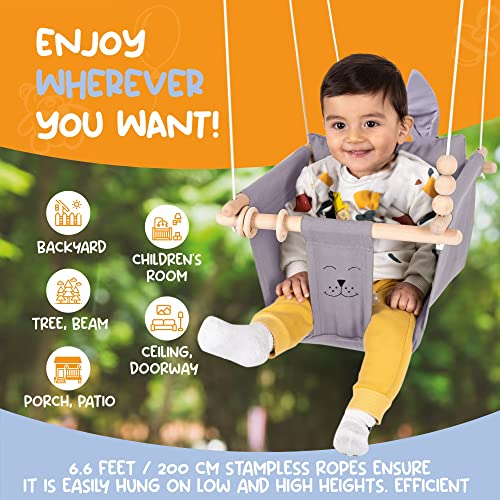 Mass Lumber Canvas Grey Baby Swing Outdoor Indoor Seat Set with Belt, Mounting Hardwares, Two Cushions Baby Hammock Hanging Chair for Infants Baby Gift Toddler Fabric Swing for Porch