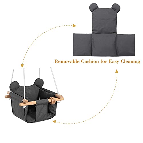 Mlian Secure Canvas and Wooden Baby Hanging Swing Seat Chair Indoor and Outdoor Hammock, Backyard Outside Swing Kids Toys Swings Set 6-36 Months Bear Ear Decor