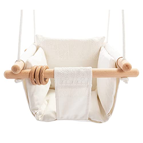 Mlian Secure Canvas and Wooden Baby Hanging Swing Seat Chair Indoor and Outdoor Hammock Backyard Outside Swing Kids Toys Swings 6-36 Months with Lace DÃ©cor Cushion and Natural Woodern Ring, Beige
