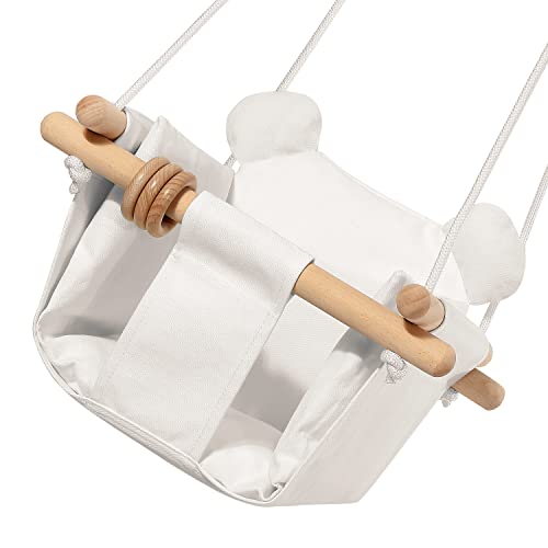 Mlian Secure Canvas and Wooden Baby Hanging Swing Seat Chair Indoor and Outdoor Hammock, Backyard Outside Swing Kids Toys Swings 6-36 Months with Bear Ear Decor (White)