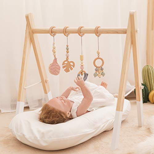 Let's Make Organic Wooden Play Gym with 4 Gym Toys Foldable Baby Play Gym Frame Activity Center Hanging Bar Newborn Gift