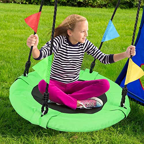 Odoland 24 inch Children Tree Swing SwingSeat, Outdoor Saucer Rope Swing Platform Swing for Kid, Round Swingset wirh Adjustable Hanging Ropes for Indoor, Backyard and Playground Green