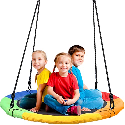 Odoland 40 inch Kid Round Color Tree Swing, Chidren Platform Rope Swing, Outdoor Flying Saucer SwingSeat with Adjustable Hanging Ropes for Indoor, Backyard, Playground and Amusement Park