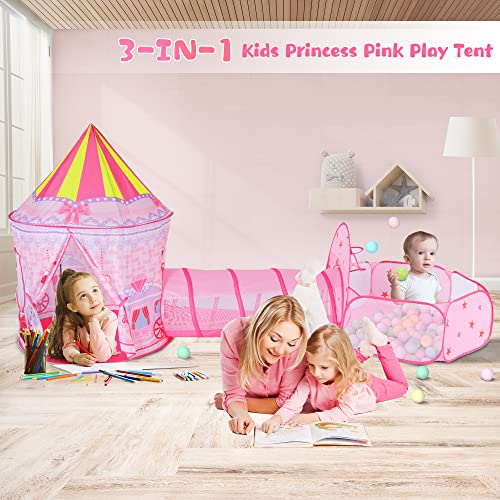 LOJETON 3pc Girls Princess Fairy Tale Castle Play Tent, Crawl Tunnel & Ball Pit with Basketball Hoop for Kids Toddlers, Indoor & Outdoor Playhouse