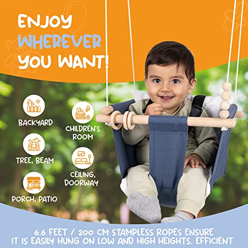 Mass Lumber Blue Canvas Baby Swing Outdoor Indoor Seat Set with Ceiling Hardwares Wooden Toys Secure Belt Baby Hammock Swing Hanging Chair for Infant Little Toddler Outside Tree Swing Porch Backyard