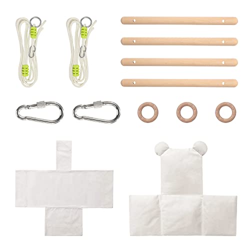 Mlian Secure Canvas and Wooden Baby Hanging Swing Seat Chair Indoor and Outdoor Hammock, Backyard Outside Swing Kids Toys Swings 6-36 Months with Bear Ear Decor (White)