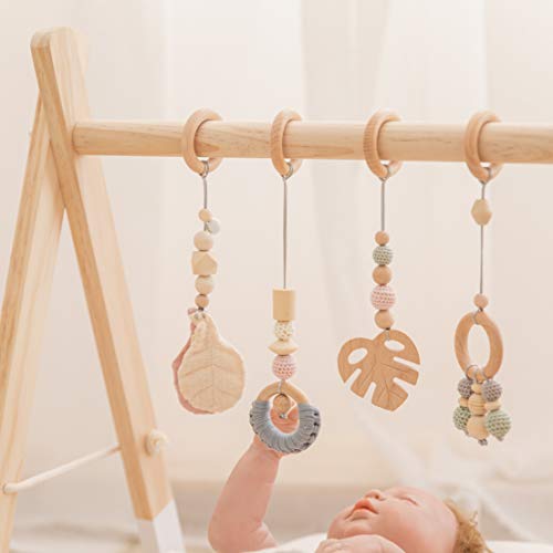 Let's Make Organic Wooden Play Gym with 4 Gym Toys Foldable Baby Play Gym Frame Activity Center Hanging Bar Newborn Gift