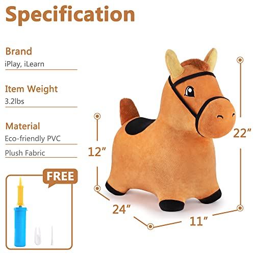 iPlay, iLearn Brown Hopping Horse, Inflatable Ride on Animal Hopper Toys, Indoor Outdoor Bouncy Riding, Plush Cover W/ Pump, Jump Active Gifts for 18 24 Month, 2 3 4 5 Year Olds Kids Toddler Boy Girl
