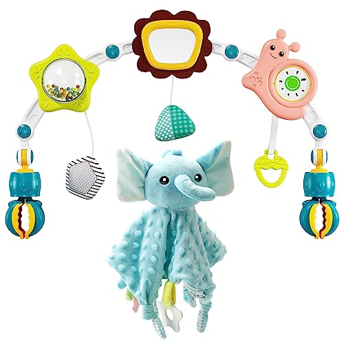 Jovow Baby Stroller Arch Toy with Calming The Elephant,Adjustable, Foldable Mobile Activity Arch,Sensory Travel Crib Bouncer and Baby Car Seat Toy for Toddler Boys Girls 0-24 Months