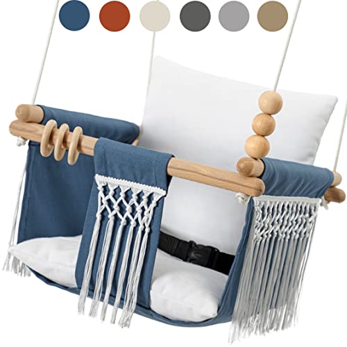 Mass Lumber Macrame Baby Swing Outdoor Indoor Seat Set with Secure Belt Mounting Hardwares Cushions Baby Hammock Hanging Chair for Infant Toddler Crochet Tree Boho Swing for Porch