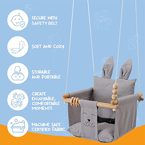 Mass Lumber Canvas Grey Baby Swing Outdoor Indoor Seat Set with Belt, Mounting Hardwares, Two Cushions Baby Hammock Hanging Chair for Infants Baby Gift Toddler Fabric Swing for Porch