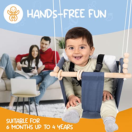 Mass Lumber Blue Canvas Baby Swing Outdoor Indoor Seat Set with Ceiling Hardwares Wooden Toys Secure Belt Baby Hammock Swing Hanging Chair for Infant Little Toddler Outside Tree Swing Porch Backyard
