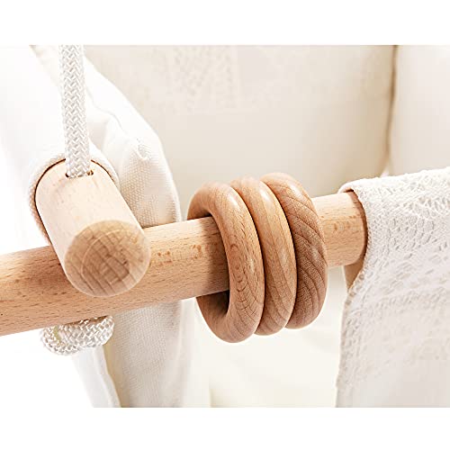 Mlian Secure Canvas and Wooden Baby Hanging Swing Seat Chair Indoor and Outdoor Hammock Backyard Outside Swing Kids Toys Swings 6-36 Months with Lace DÃ©cor Cushion and Natural Woodern Ring, Beige