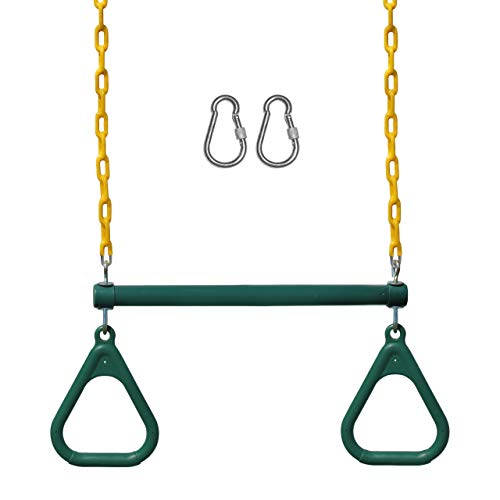 Jungle Gym Kingdom 18" Trapeze Swing Bar Rings 48" Heavy Duty Chain Swing Set Accessories & Locking Carabiners (Green)
