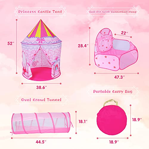 LOJETON 3pc Girls Princess Fairy Tale Castle Play Tent, Crawl Tunnel & Ball Pit with Basketball Hoop for Kids Toddlers, Indoor & Outdoor Playhouse