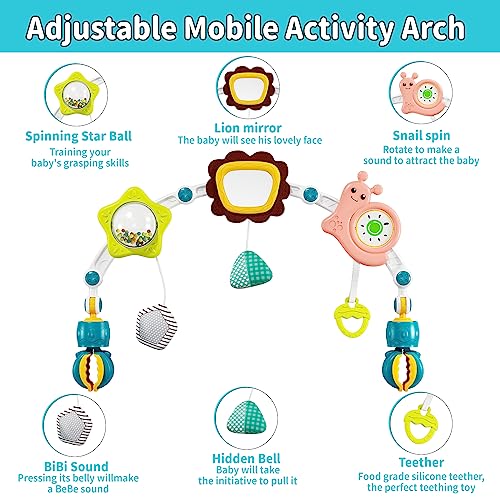 Jovow Baby Stroller Arch Toy with Calming The Elephant,Adjustable, Foldable Mobile Activity Arch,Sensory Travel Crib Bouncer and Baby Car Seat Toy for Toddler Boys Girls 0-24 Months