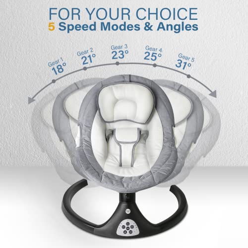 MISSAA Baby Swing for Infants, Bluetooth Electric Bouncer for Babies with 5 Sway Speeds, 3 Seat Positions, 12 Music, Remote Control, Gray