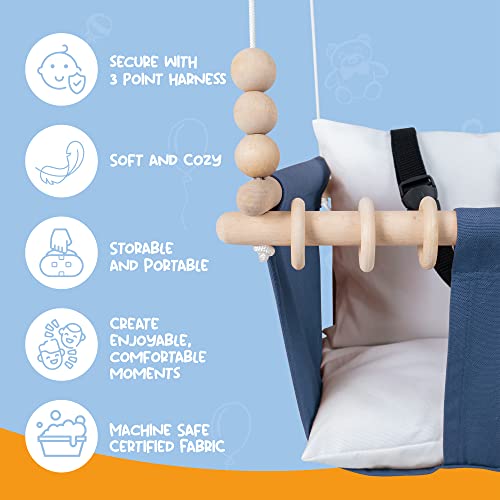 Mass Lumber Blue Canvas Baby Swing Outdoor Indoor Seat Set with Ceiling Hardwares Wooden Toys Secure Belt Baby Hammock Swing Hanging Chair for Infant Little Toddler Outside Tree Swing Porch Backyard