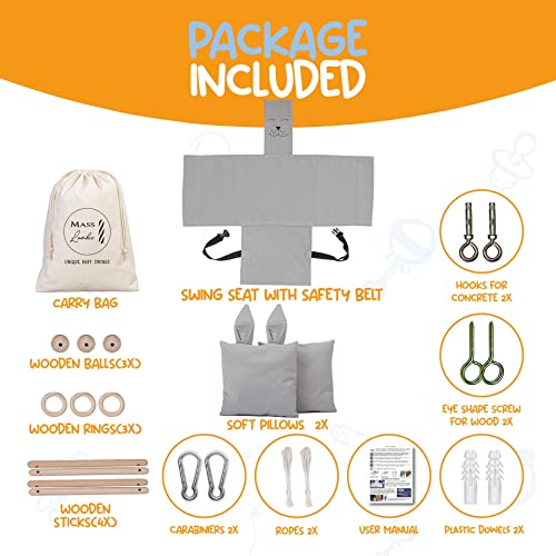 Mass Lumber Canvas Grey Baby Swing Outdoor Indoor Seat Set with Belt, Mounting Hardwares, Two Cushions Baby Hammock Hanging Chair for Infants Baby Gift Toddler Fabric Swing for Porch