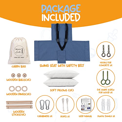 Mass Lumber Blue Canvas Baby Swing Outdoor Indoor Seat Set with Ceiling Hardwares Wooden Toys Secure Belt Baby Hammock Swing Hanging Chair for Infant Little Toddler Outside Tree Swing Porch Backyard