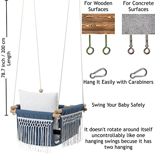 Mass Lumber Macrame Baby Swing Outdoor Indoor Seat Set with Secure Belt Mounting Hardwares Cushions Baby Hammock Hanging Chair for Infant Toddler Crochet Tree Boho Swing for Porch