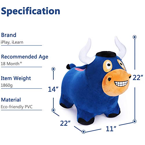 iPlay, iLearn Bouncy Bull Hopping Horse, Inflatable Animal Ride on Toys, Plush Farm Bouncer, Indoors n Outdoors Hopper W/ Pump, Birthday Gifts for 18 24 Month 2 3 4 5 Year Olds Toddler Kids Boys Girls