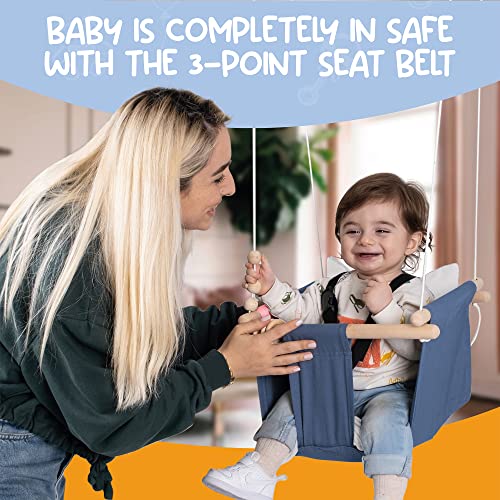 Mass Lumber Blue Canvas Baby Swing Outdoor Indoor Seat Set with Ceiling Hardwares Wooden Toys Secure Belt Baby Hammock Swing Hanging Chair for Infant Little Toddler Outside Tree Swing Porch Backyard