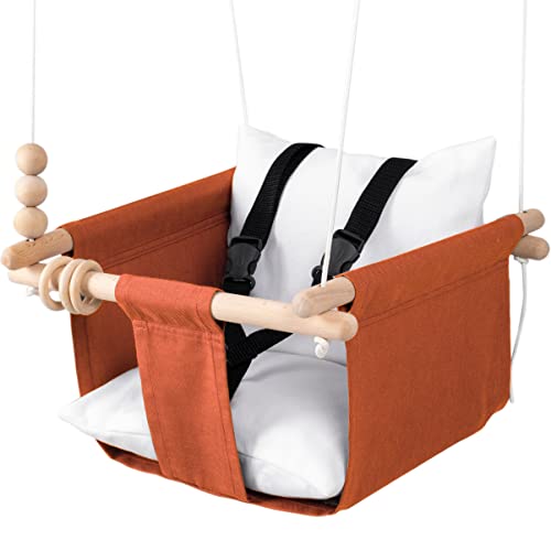 Mass Lumber Cinnamon Canvas Baby Swing Outdoor Indoor Seat Set with Ceiling Hardwares Wooden Toys Secure Baby Hammock Swing Hanging Chair for Infant Little Toddler Outside Tree Swing Porch Backyard