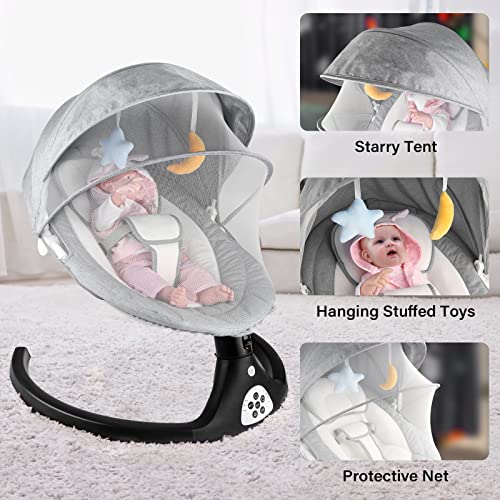 MISSAA Baby Swing for Infants, Bluetooth Electric Bouncer for Babies with 5 Sway Speeds, 3 Seat Positions, 12 Music, Remote Control, Gray