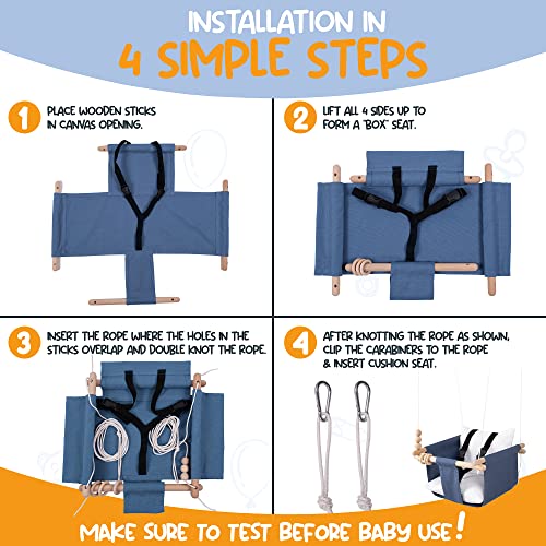 Mass Lumber Blue Canvas Baby Swing Outdoor Indoor Seat Set with Ceiling Hardwares Wooden Toys Secure Belt Baby Hammock Swing Hanging Chair for Infant Little Toddler Outside Tree Swing Porch Backyard