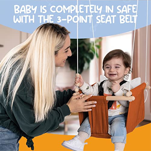 Mass Lumber Cinnamon Canvas Baby Swing Outdoor Indoor Seat Set with Ceiling Hardwares Wooden Toys Secure Baby Hammock Swing Hanging Chair for Infant Little Toddler Outside Tree Swing Porch Backyard