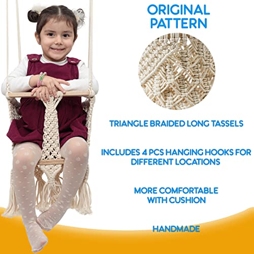 Mass Lumber Macrame Baby Swing Indoor with Ceiling Hardwares, Cushion and Storage Bag - Boho Baby Swing Outdoor - Infant Swing Outdoor - Baby Swings for Infants to Toddler Outdoor Baby Swing Seat