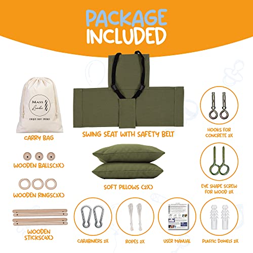 Mass Lumber Infant Swing Outdoor with Safety Belt, Ceiling Hardwares, Storage Bag. Toddler Swings For Outside Baby Swing Outdoor Baby Swings for Infants Outdoor Toddler Swing Canvas Baby Swing Seat