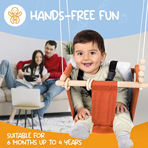 Mass Lumber Cinnamon Canvas Baby Swing Outdoor Indoor Seat Set with Ceiling Hardwares Wooden Toys Secure Baby Hammock Swing Hanging Chair for Infant Little Toddler Outside Tree Swing Porch Backyard