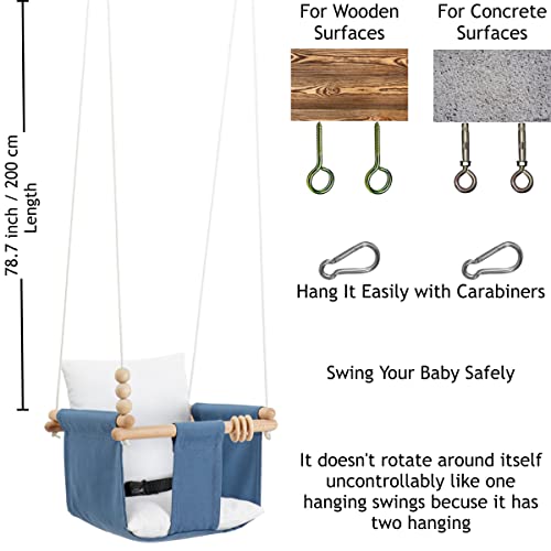 Mass Lumber Blue Canvas Baby Swing Outdoor Indoor Seat Set with Ceiling Hardwares Wooden Toys Secure Belt Baby Hammock Swing Hanging Chair for Infant Little Toddler Outside Tree Swing Porch Backyard