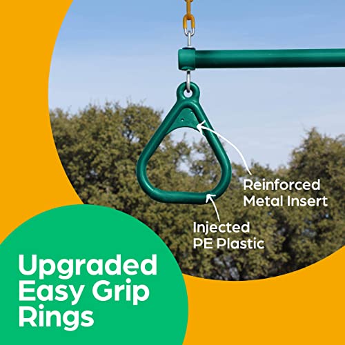 Jungle Gym Kingdom 18" Trapeze Swing Bar Rings 48" Heavy Duty Chain Swing Set Accessories & Locking Carabiners (Green)