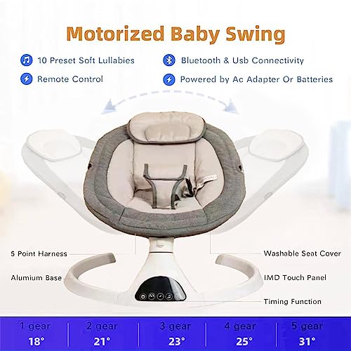 Luxccaiw Baby Swing for Infants,Electric Bouncer for Babies- Bluetooth Touch Screen/Remote ControTiming Function 5 Swing Speeds Baby Rocker Chair with Music Speaker 5 Point Harness Remote Control Gray