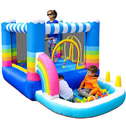 MEIOUKA Kids Inflatable Bounce Houses Jumper with 350W Blower Small Ball Pit Water Pool Rainbow Blow up Small Inflatable Bounce House for Kids Toddlers Indoor Outdoor Jumping Bouncer Party Yard Toys