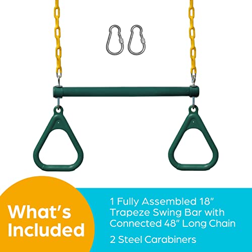 Jungle Gym Kingdom 18" Trapeze Swing Bar Rings 48" Heavy Duty Chain Swing Set Accessories & Locking Carabiners (Green)