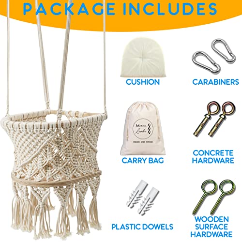 Mass Lumber Macrame Baby Swing Indoor with Ceiling Hardwares, Cushion and Storage Bag - Boho Baby Swing Outdoor - Infant Swing Outdoor - Baby Swings for Infants to Toddler Outdoor Baby Swing Seat