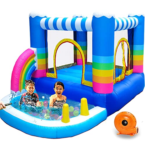 MEIOUKA Kids Inflatable Bounce Houses Jumper with 350W Blower Small Ball Pit Water Pool Rainbow Blow up Small Inflatable Bounce House for Kids Toddlers Indoor Outdoor Jumping Bouncer Party Yard Toys